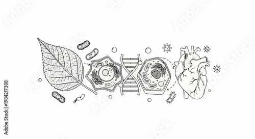 Hand-drawn biological illustrations of a leaf, cells, DNA, and heart