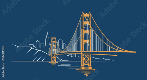 Iconic orange suspension bridge with city skyline silhouette