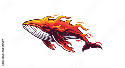 Majestic illustration of a fiery whale, enveloped in vibrant red and orange flames, symbolizing immense power and dynamic elemental energy.