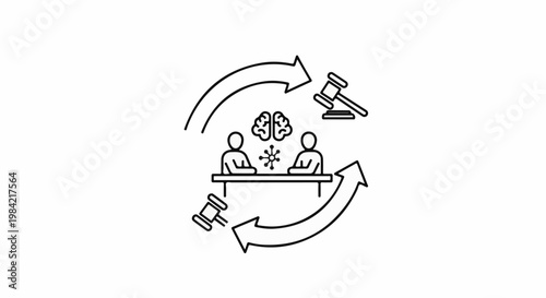Icons illustrating decision making process involving negotiation and legal judgment