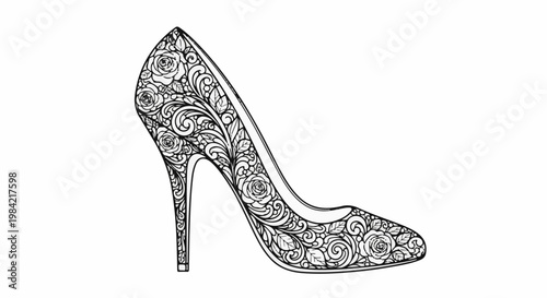 Intricately patterned black and white high heel shoe with floral designs