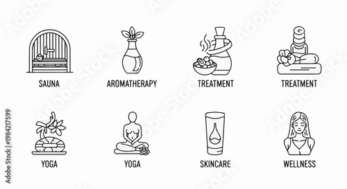 Icons of wellness, spa, and self-care services like sauna, yoga, and skincare