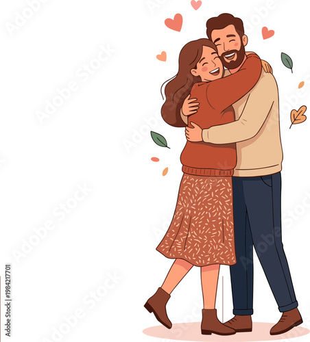 Couple shares a warm hug surrounded by hearts and leaves outdoors