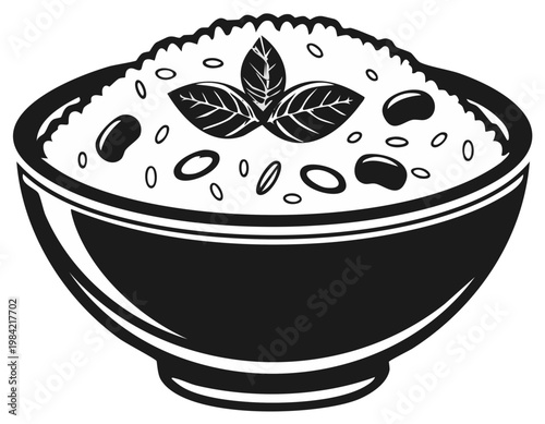 Rice bowl with beans and basil leaves, savory meal illustration in minimalist black and white style