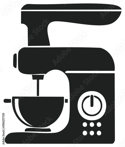 Silhouette illustration of a kitchen stand mixer with bowl and power button
