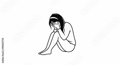 Isolated line drawing of a sad person covering face with hands