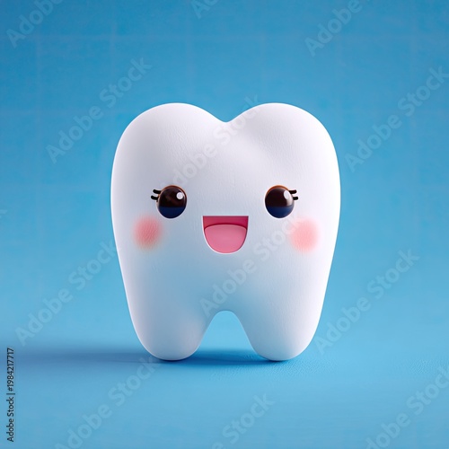 A charming, cartoon-style white tooth with large, expressive eyes and a cheerful smile sits against a vibrant blue background, creating a playful and inviting image.