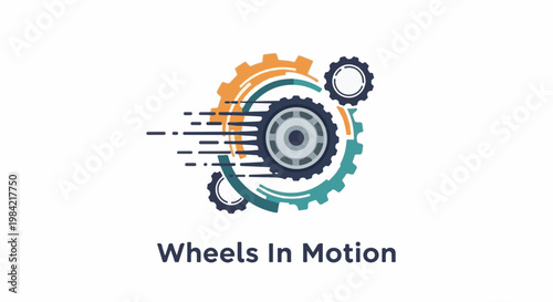 Interlocking gears with motion streaks and text "Wheels In Motion