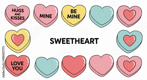 Heart-shaped candies with love messages arranged around the word SWEETHEART