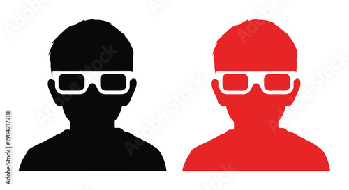 Two silhouettes of boys wearing 3d glasses one black and one red