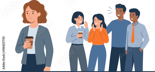 A group of diverse people standing and chatting in a casual setting with a woman holding a coffee cup and others engaged in conversation.