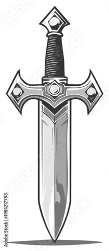 Ornate Silver Sword with Dark Handle Medieval Fantasy Weaponry Dagger Illustration