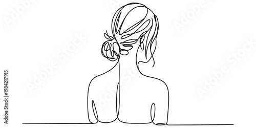 Minimalist continuous line drawing of a woman seen from behind with her hair tied in a messy bun Vector, illustration