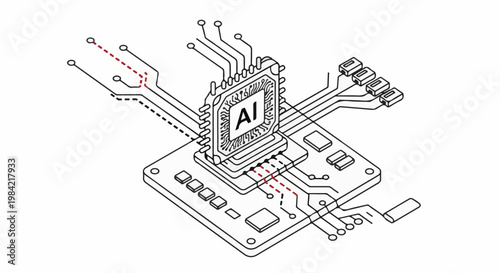 Isometric line art illustration of a central processor chip with 'AI' labeling on a circuit board