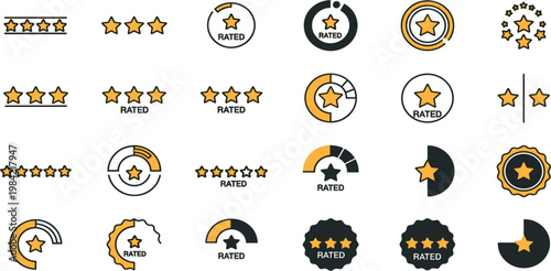 Star Rating Badge and Review Icon Set with Circular Score Indicators, Five Star Systems and Feedback Labels for UI UX Design and Customer Evaluation