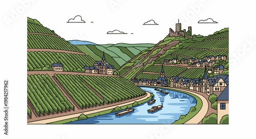 Idyllic village nestled in a valley with vineyards and a river