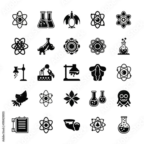Collection of 25 black minimalist science and laboratory icons featuring atom models, chemical flasks, beakers, test tubes, molecular structures, and research equipment on white.