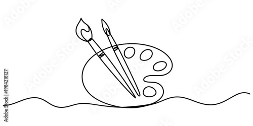 A continuous line drawing of an artist paint palette with two brushes resting on top of it. Vector, illustration