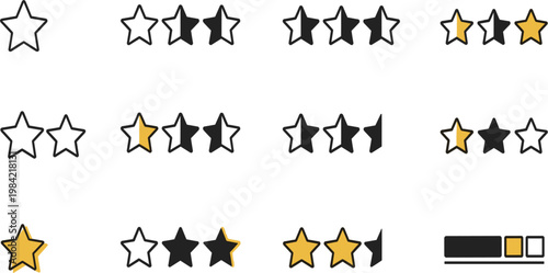 Star Rating UI Icon Set with Outline and Filled Stars, Half Star Indicators and Review Score Elements for Feedback Systems and Mobile App Interfaces