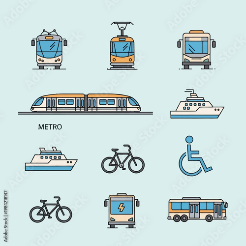 Public transport vehicle vector icon set featuring a metro train, city bus, electric bus, tram, passenger ferry boat, bicycle, and handicap accessibility symbol in flat line art.