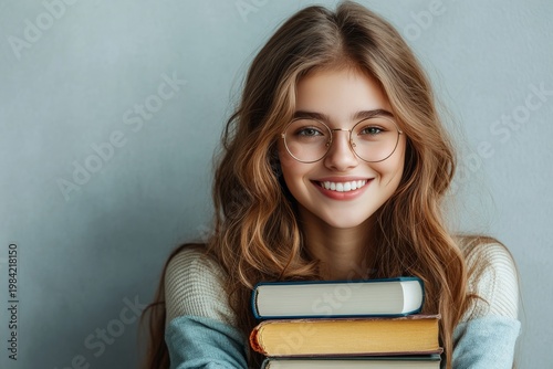Smiling Young Woman Holding Stack of Books, Portrait