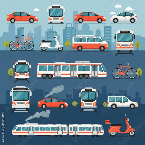 Flat vector illustration of various urban transportation icons including passenger cars, city buses, bicycles, motor scooters, and public transit trains on a city skyline background.