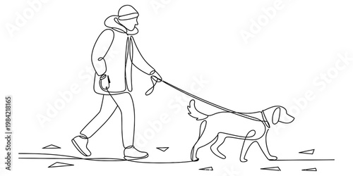 A continuous line drawing of a person walking their dog in a jacket and hat during a winter day. Vector, illustration