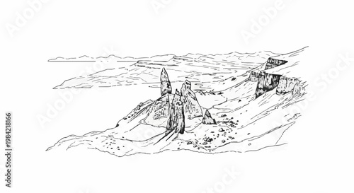 Jagged rock formations stand sentinel against a distant, hazy horizon