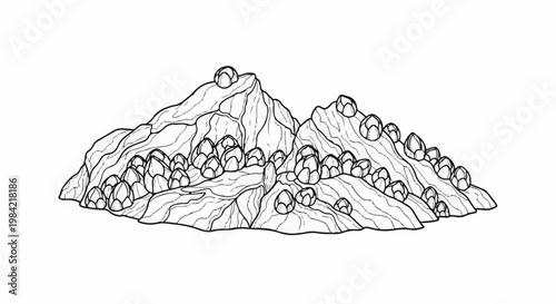 Jagged, textured mountain peaks dotted with bulbous growths, line art