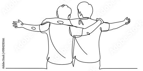 A single continuous line drawing of two friends standing side by side with their arms outstretched Vector, illustration
