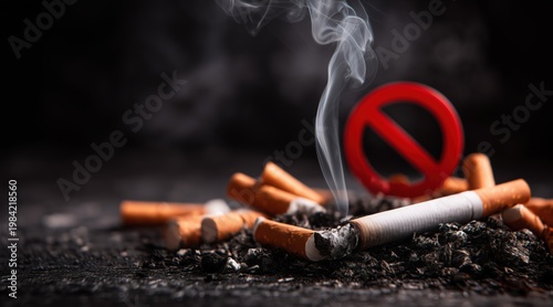 Burning cigarette with smoke near ash and red prohibited sign on dark background