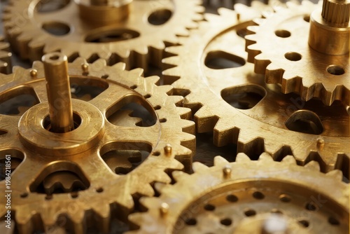 Close-up of interlocking brass gears in mechanical assembly