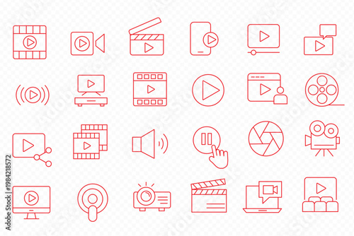 Audio and Video web icons in line style. Cinema speaker online picture play button music collection. Editable stroke. Vector illustration