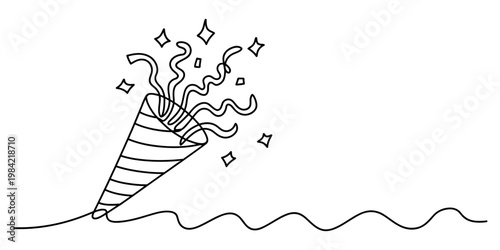 A simple black and white line art illustration of a party popper exploding with confetti streamers Vector, illustration