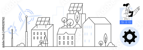 Renewable energy concept. Renewable energy sources thumbs up solar panels, wind turbines, and their integration with a smart city. Renewable energy ensuring sustainability and innovation. For energy