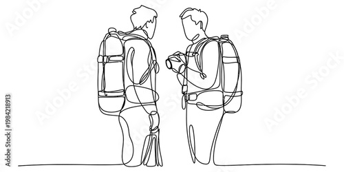 Continuous line drawing of two backpackers interacting and looking at a camera while traveling Vector, illustration