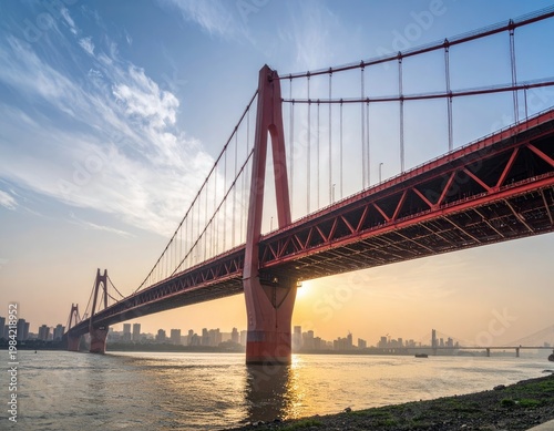 A stunning sunset view showcases a modern suspension bridge spanning a wide river, with a sprawling cityscape visible in the distance.
