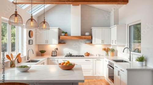 Modern kitchen with white cabinets and a marble countertop. Marble surfaces, household appliances, cozy decor, and sunny lighting.