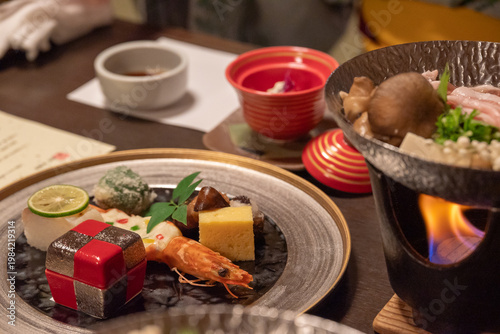 Traditional Japanese Kaiseki Dinner Course with Appetizers and Hot Pot at a Ryokan