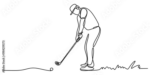 A minimalist single line drawing of a golfer focused on taking a shot with a club on the grass Vector, illustration