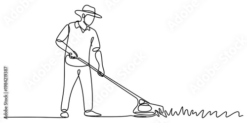 A continuous line drawing of a person wearing a hat while mowing the grass in a simple garden Vector, illustration