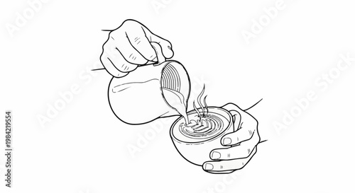 Hands pouring latte art into a steaming cup of coffee