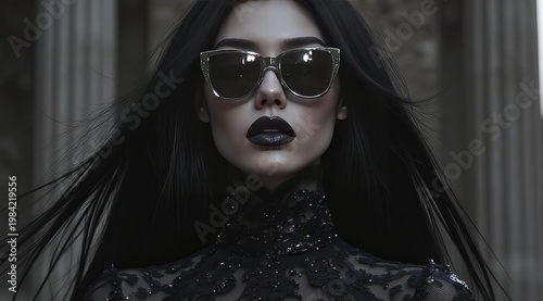 Portrait of a girl wearing round sunglasses. Warm sunset light, bokeh. Boho style, black lace. Fashionable shot for a blog or a magazine about beauty and style.