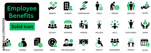 Solid vector of Employee Benefits icon set. Employee Benefits solid icon set. Employee Benefits Solid Icon Set Health, Insurance, Pension, Bonus, Salary, Vacation, Wellness, Perks, Retirement. 