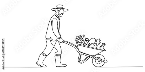 A continuous line drawing of a farmer pushing a wheelbarrow filled with freshly harvested crops Vector, illustration