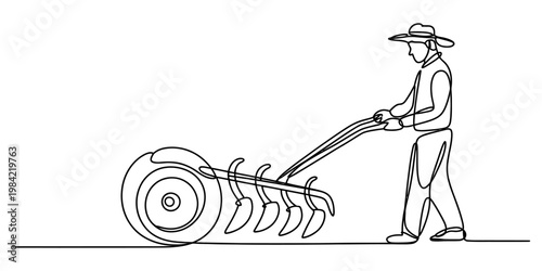 A continuous line drawing of a farmer in a hat pushing a manual plow through a field to farm land Vector, illustration