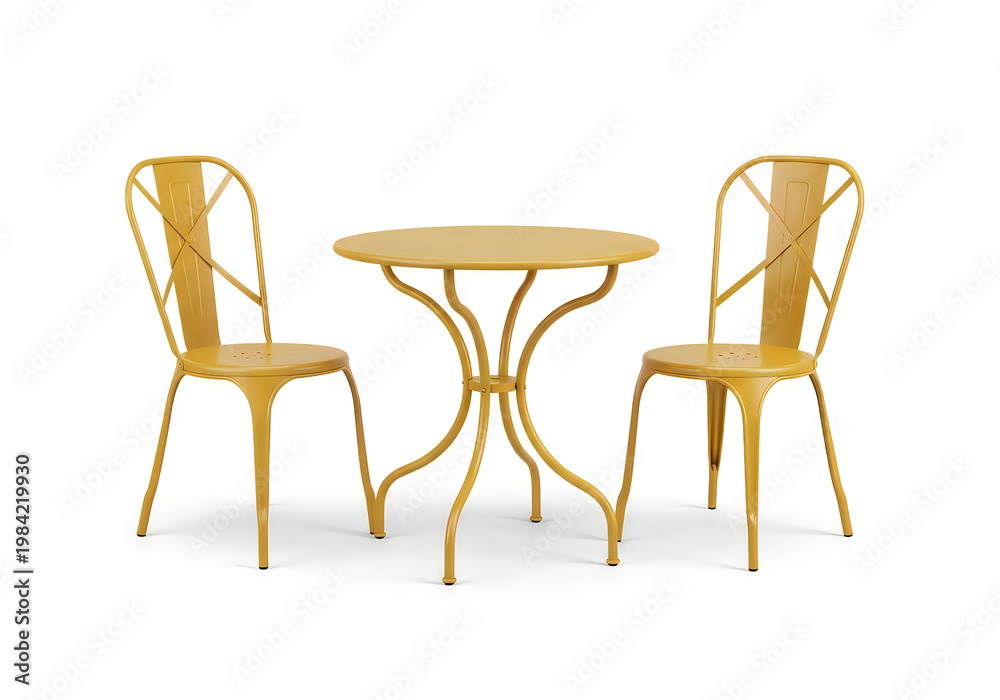 Fototapeta premium A table and two chairs with green metal frames