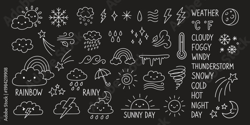 illustration  weather  set  sun  storm  collection  rain  Doodle weather icons with hand draw cute sun and cloud. Sketchy line art rain and snow with scribble rainbow and storm. Outline vector signs 