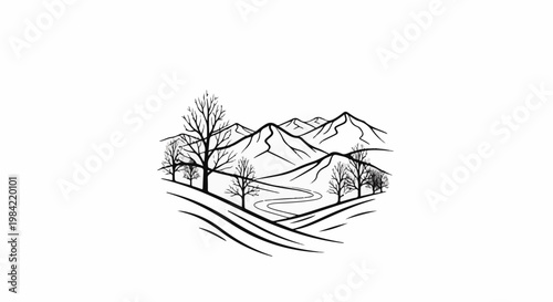 Minimalist ink sketch of a winding river flowing through barren trees and mountains