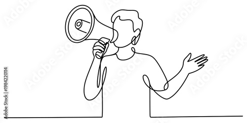 A continuous single line drawing of a person speaking loudly through a handheld megaphone device. Vector, illustration